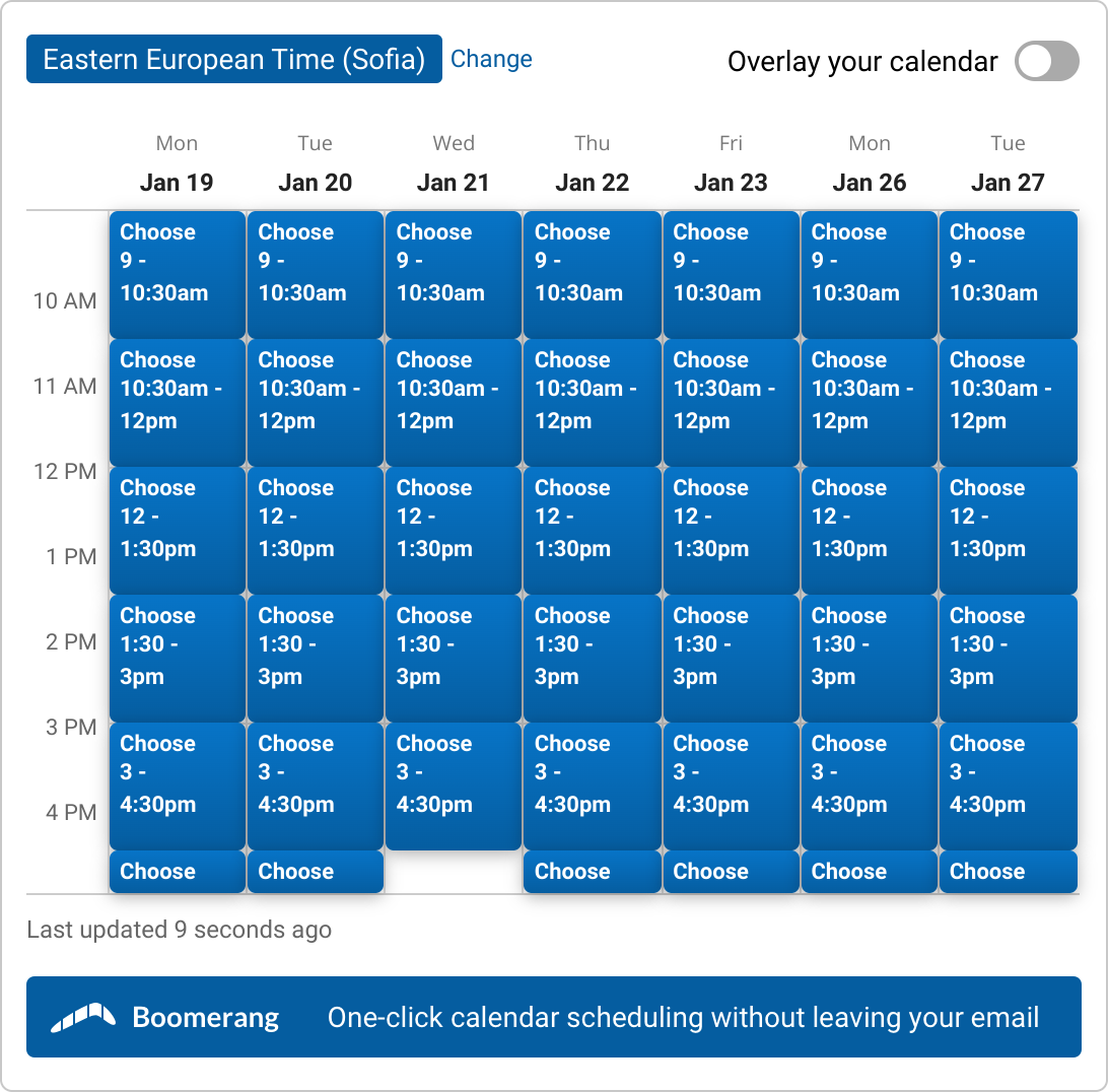 A set of time slots for 90 min Meeting with Jonathan Roseland