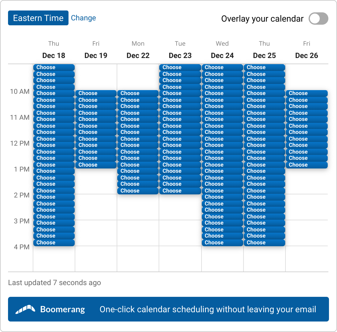 A set of time slots for 5 min Meeting for job info with Matthew Berry