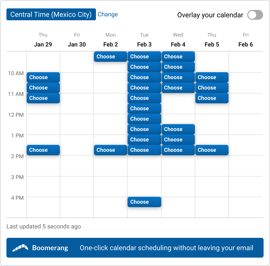 A set of time slots for 30 min Google Meet with Demo Insurance Boosters: Omar López